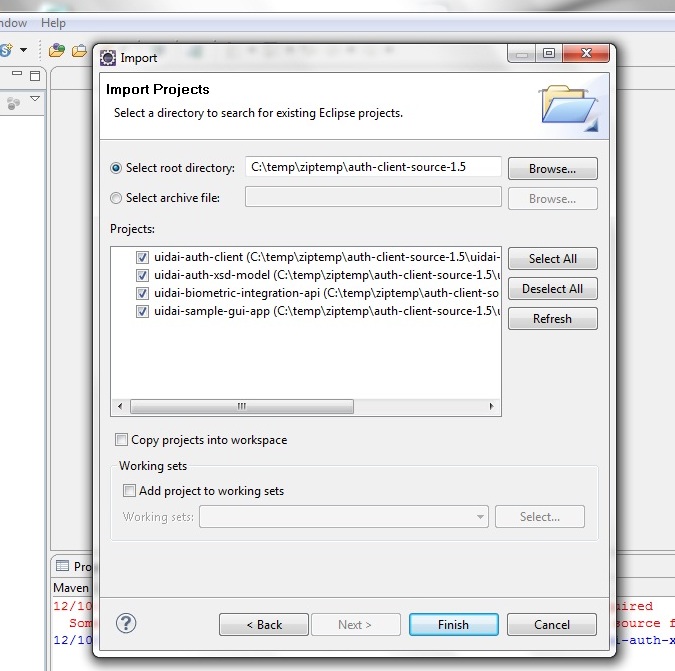 Auth Client Sample - Eclipse Import Screen